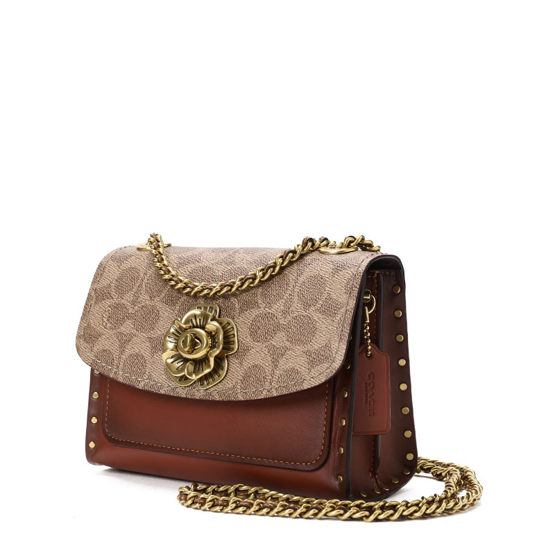 coach蔻驰女包 parker山茶花口盖包 老花拼皮斜挎包 30592