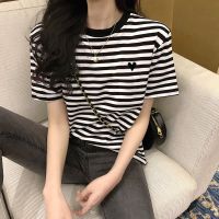 爱心条纹t恤女短袖潮ins港风减龄宽松半袖2021年夏季新款洋气上衣 黑白条纹 S 95斤以下