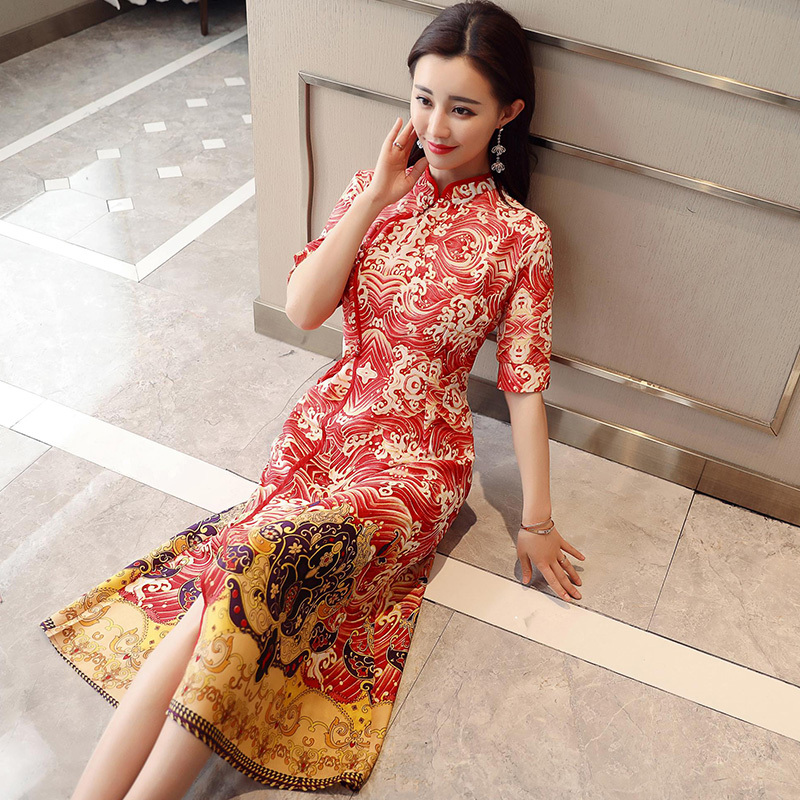 女士夏款新品改良旗袍连衣裙复古女装花色修身显瘦名媛小清新裙子