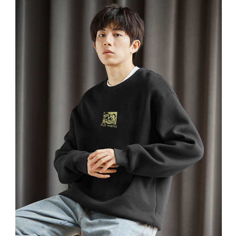 [1.5折价57元]唐狮秋冬新款加绒卫衣男士圆领套头无帽衫前胸印花图案上衣Wp