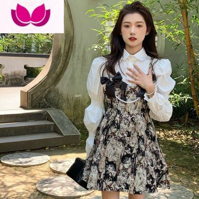 七斓甜美套装小礼裙女新款复古港风公主吊带蓬蓬裙生日连衣裙 长袖衬衫+吊带连衣裙 XL