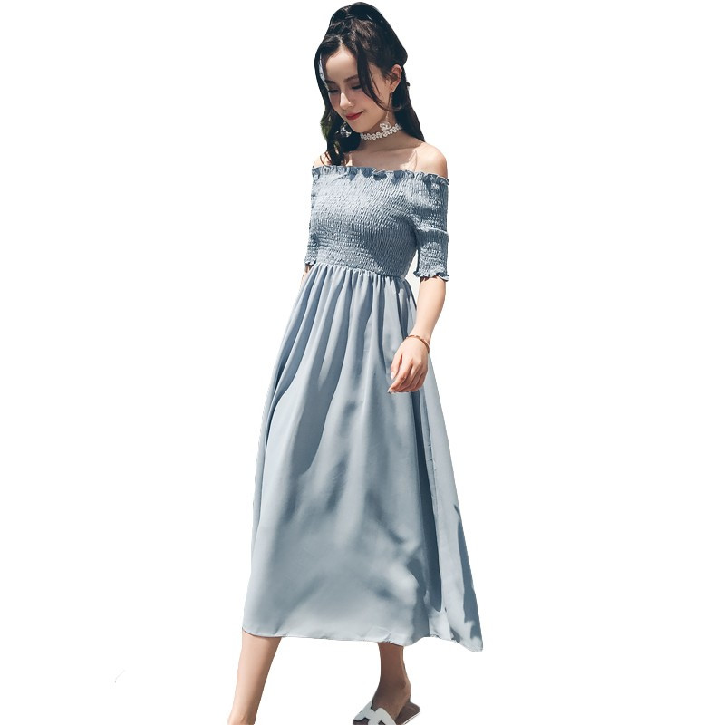 2018新款韩版夏季显瘦一字肩长裙复古过膝度假收腰修身显瘦连衣裙