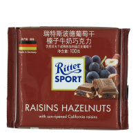 瑞特斯波德RitterSport葡萄干榛子牛奶巧克力100g/块德国进口巧克力办公休闲零食婚庆喜糖送女友