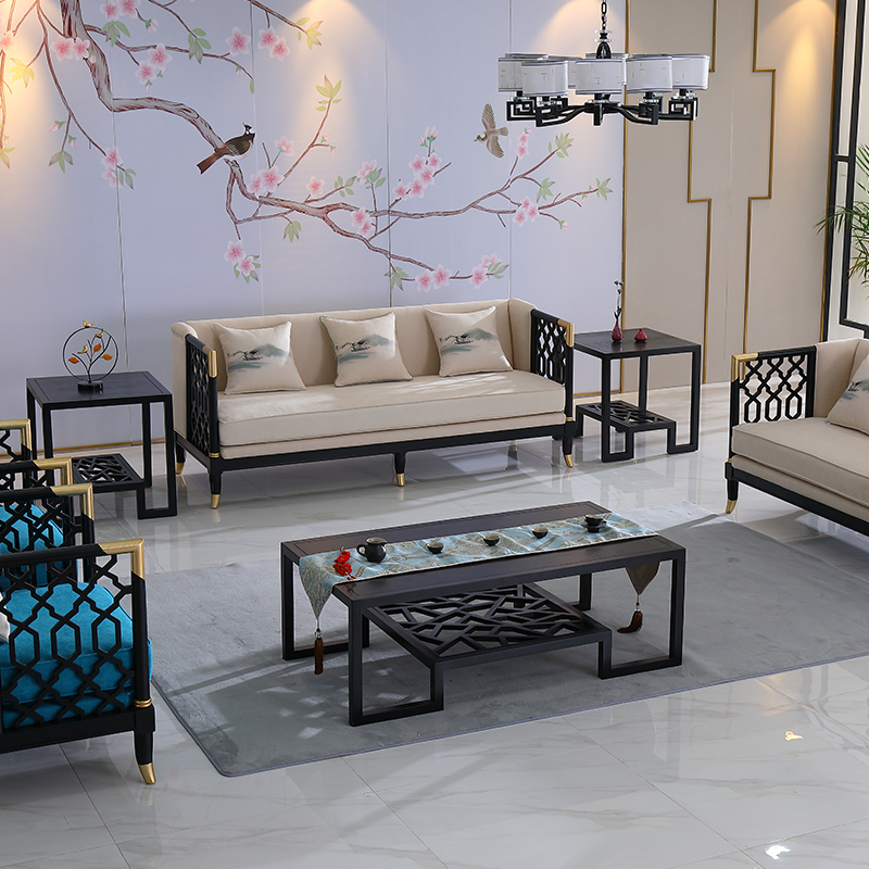 易企采 单人位沙发800*750*750mm 办公沙发新中式实木沙发组合布艺沙发样板间售楼处洽谈轻奢家具接待高清大图