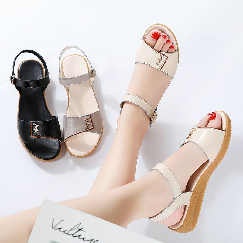 真皮防滑牛筋底中年妈妈凉鞋夏季真皮软底孕妇女鞋平底女士凉鞋