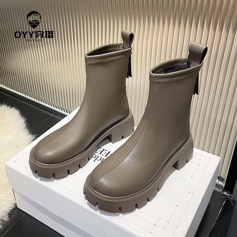 oyy2023新款 英伦风马丁靴小踝靴粗跟瘦瘦靴后拉链气质短靴