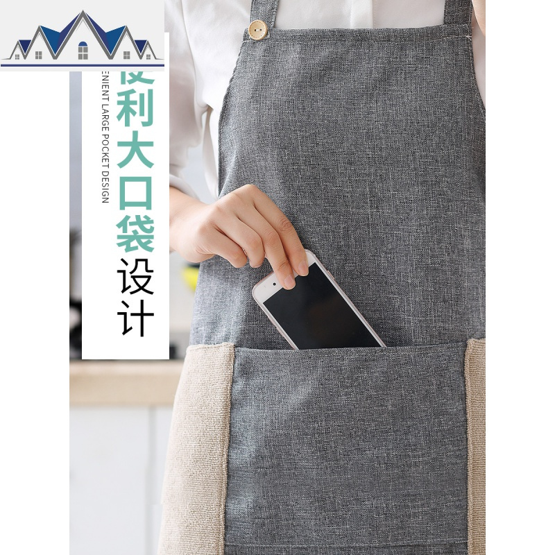 棉麻围裙女可擦手时尚家用厨房工作防水防油做饭围腰夏季罩衣大人 三维工匠