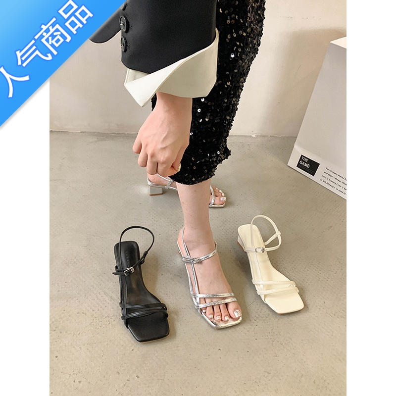 SUNTEK粗跟高跟鞋罗马凉鞋子女款夏季新款法式仙女风女士一字带时装凉鞋高清大图