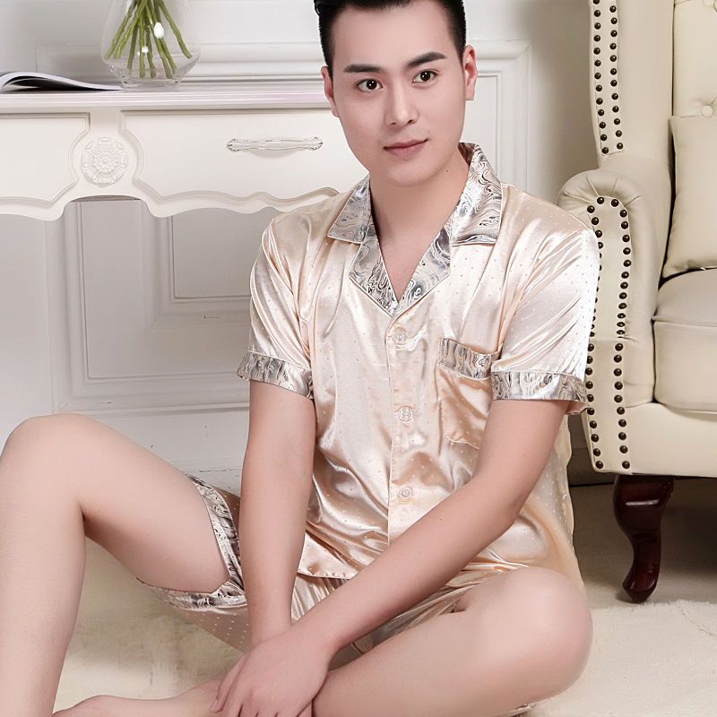 新款仿真丝睡衣男春夏季短袖中裤薄冰丝绸睡衣男士家居服套装夏天镶线