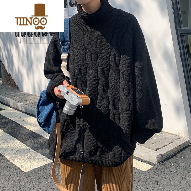 YANXU麻花加厚高领毛衣男韩版潮流宽松慵懒风百搭宽松针织衫毛线衣 M 黑色