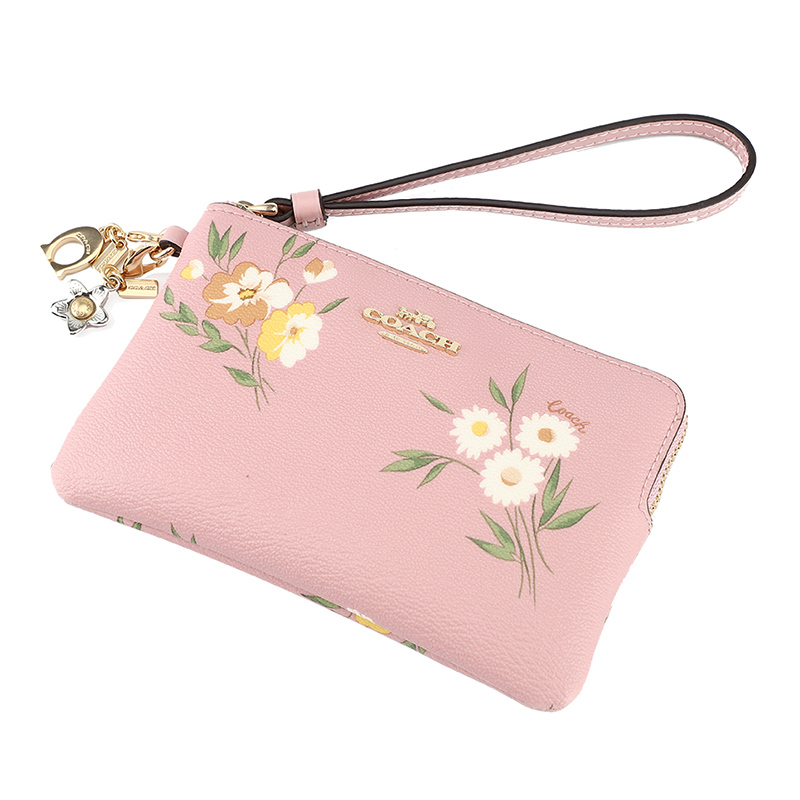 coach蔻驰奢侈品欧美时尚粉色皮革短款手拿包零钱包横款手包女