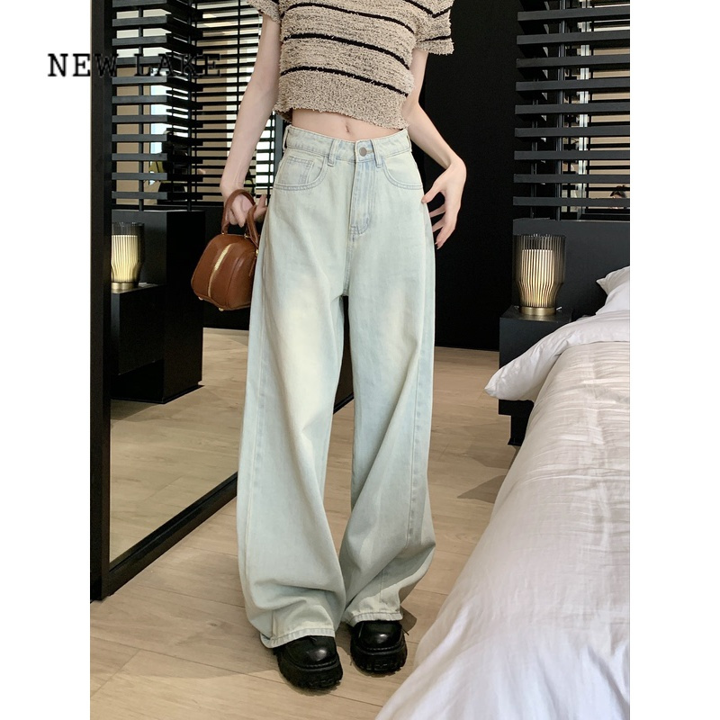 newlake大码水洗复古浅蓝色牛仔裤长裤女夏季高腰阔腿裤宽松拖地裤子