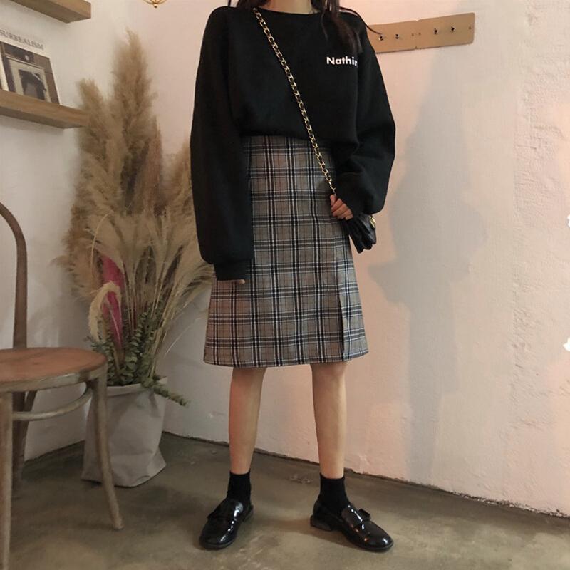 女装春装新款韩版复古格子学生高腰显瘦百搭简约A字半身裙