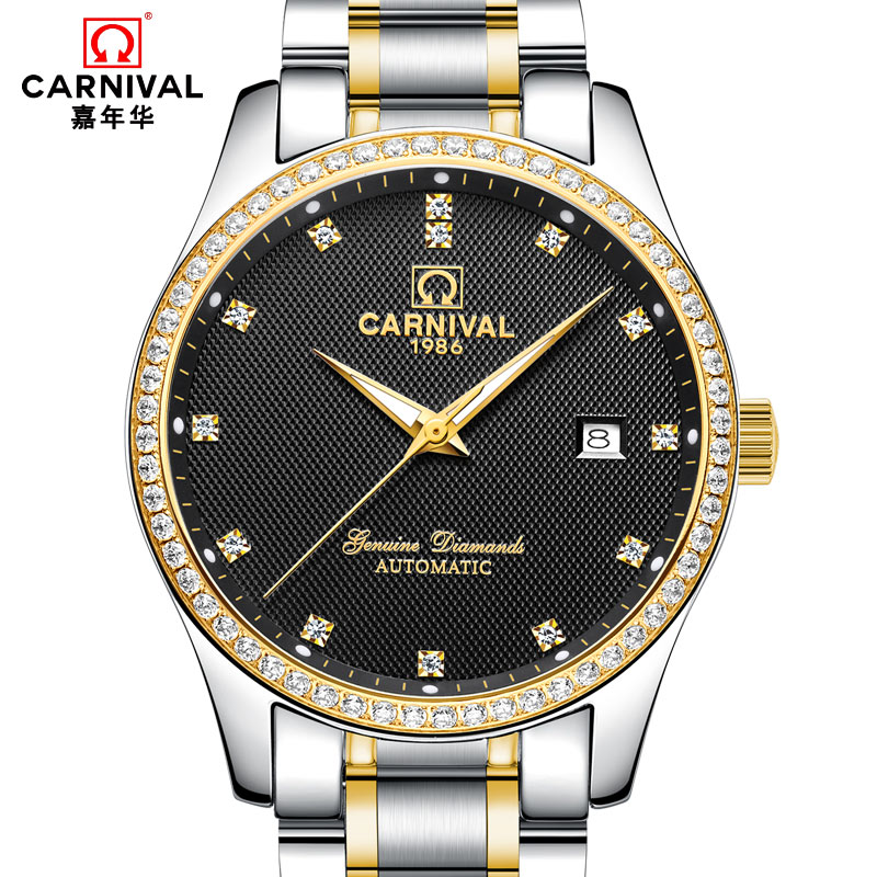 正品嘉年华Carnival手表男士全自动机械表 男表精钢金属时尚休闲商务防水夜光男表金色男腕表8739钻圈高清大图