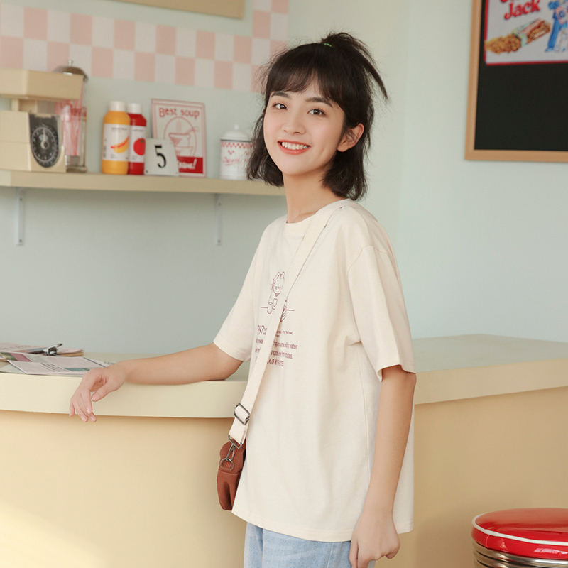 茉语家日系复古短袖t恤2021年新款女夏打底宽松学生杏色体恤上衣 杏色 M