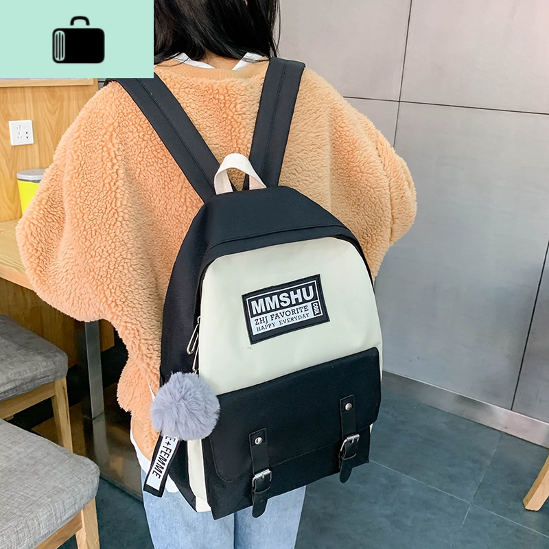 书包女韩版高中学生森系双肩包女古着感大学初中生ins风日系背包NEW LAKE 黑色{单包+毛球挂件}