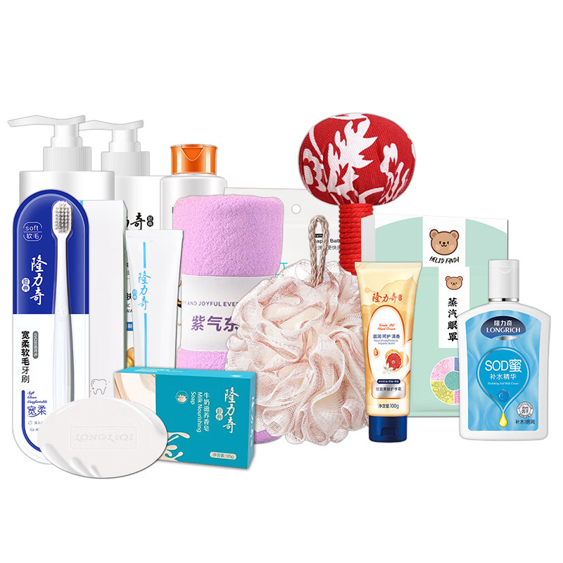 隆力奇 洗发水 沐浴露 牙膏 牙刷 香皂 毛巾 精华 蒸汽眼罩 艾草锤 隆情厚礼12件套B款LLQ-2025081509高清大图