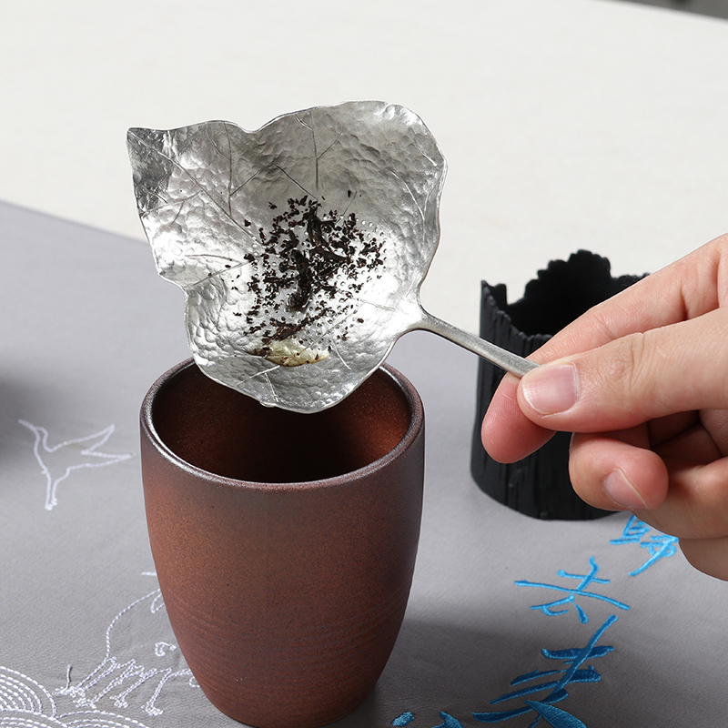 尚帝（shangdi）创意纯锡茶漏茶滤树叶过滤网零配茶托铜工艺茶隔托架 手工捶纹锡叶蜗牛座2件套