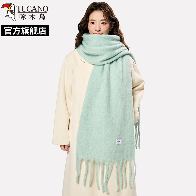 啄木鸟2025新款黄色围巾女秋冬季加长加厚韩版高级感纯色保暖围级高清大图