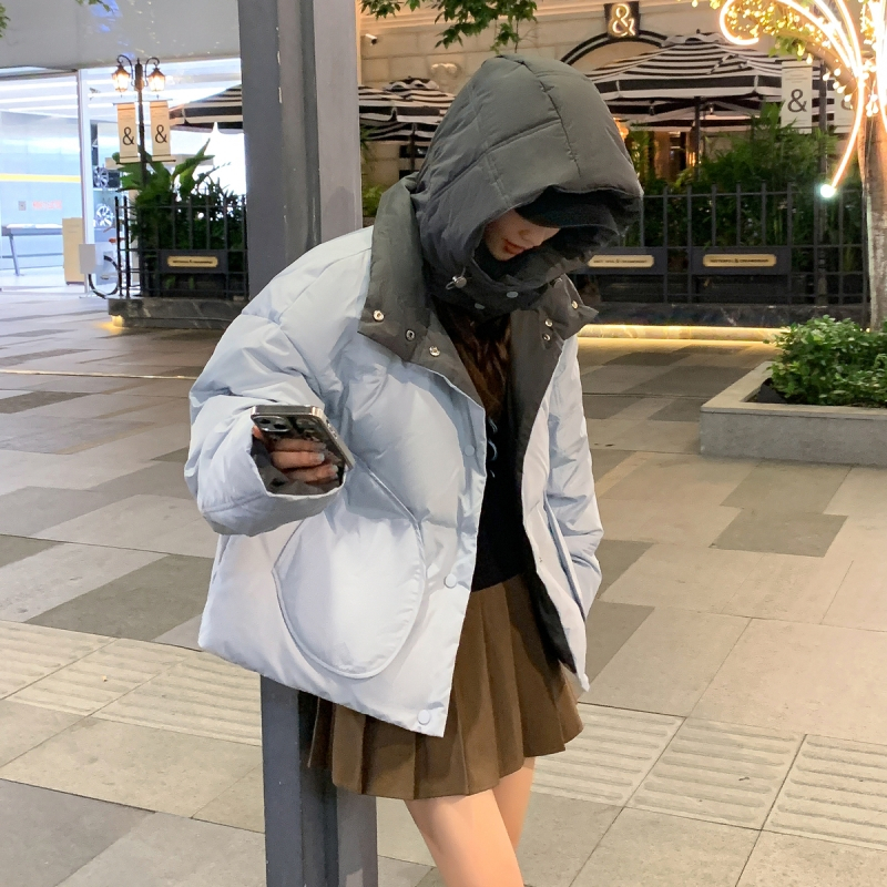 [2.5折价354元]唐狮冬装新款女连帽撞色短款羽绒服小众设计感外套(防水)