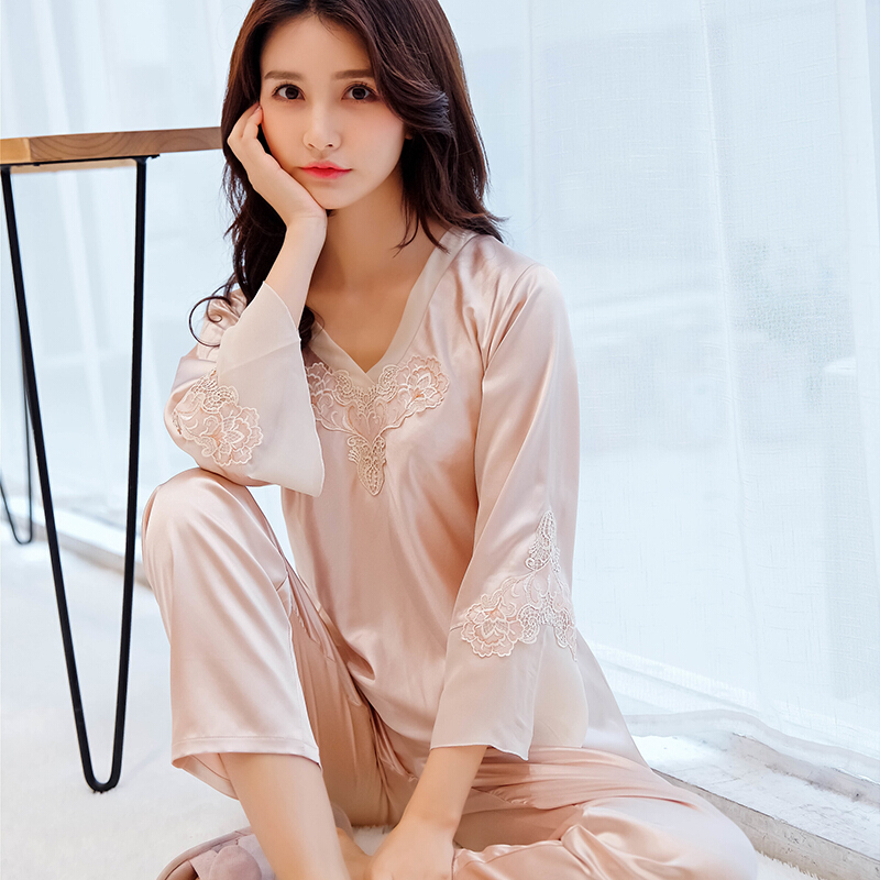 女士睡衣春夏季薄款冰丝长袖两件套装可爱外穿秋冬天蕾丝绸家居服