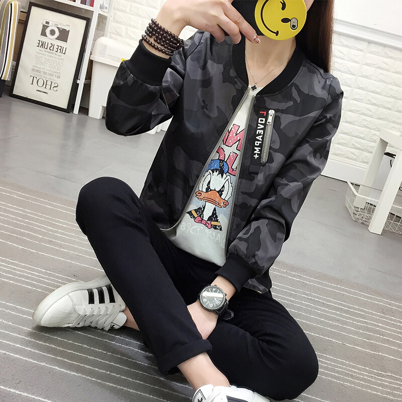 短外套女2018春秋韩版大码修身棒球服秋季时尚百搭迷彩夹克衫