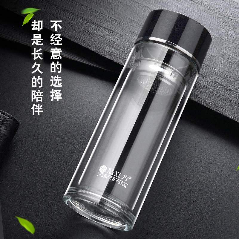 晶立方 双层高硼硅玻璃杯水杯304钢芯镜面内盖可定制logo杯子高清大图