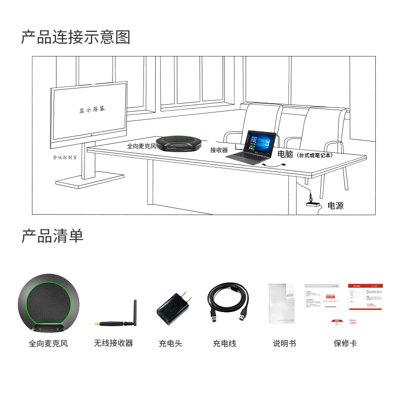 润普Runpu RP-N70W视频会议全向麦克风 免驱2.4G无线会议扬声器/软件系统终端