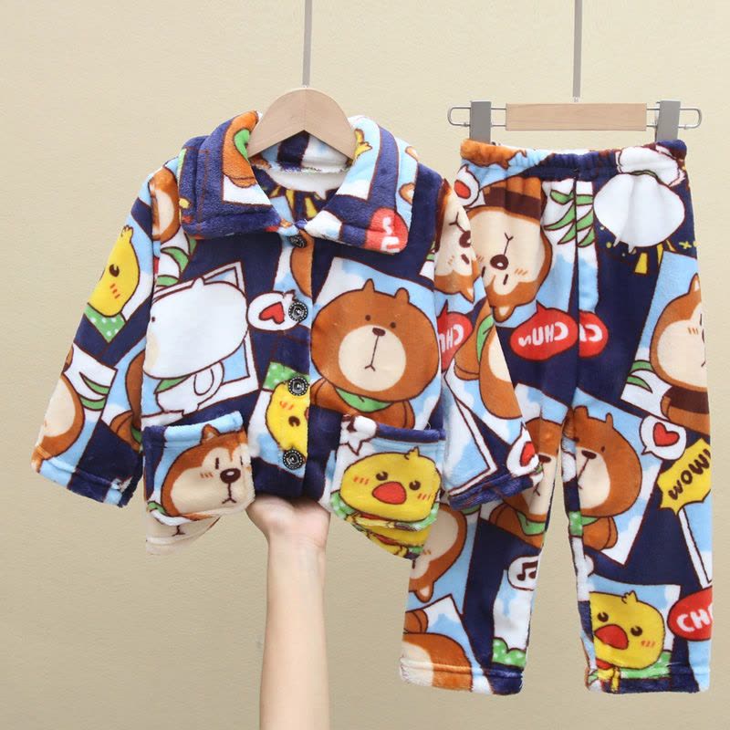 儿童睡衣法兰绒秋冬季男童珊瑚绒加厚款中小童女孩宝宝家居服套装图片