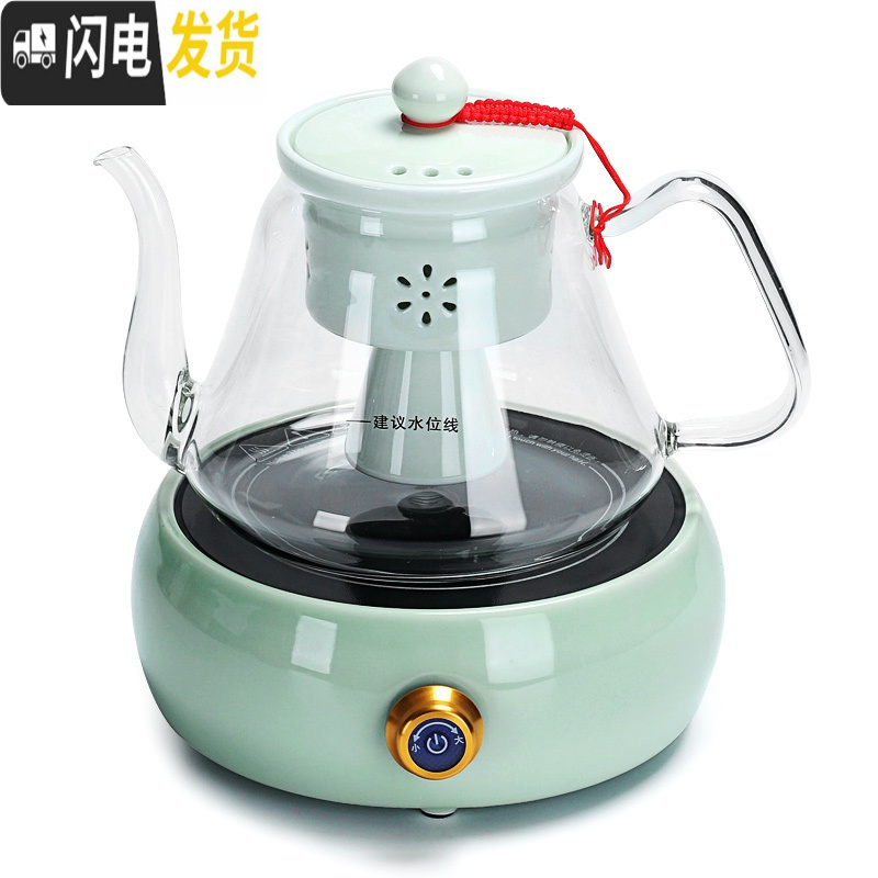 三维工匠电陶炉蒸汽煮茶器耐热过滤玻璃烧水壶加厚大容量提梁壶家用泡茶炉 侧把煮茶壶+电陶炉(绿)茶具