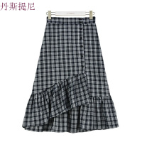 花田橱窗X24不规则格子高腰荷叶边中长A字半身裙子女夏2018黑白格子均码