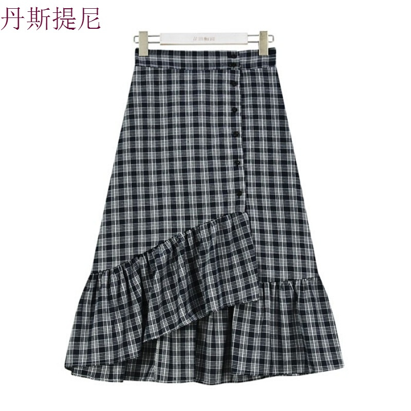 花田橱窗X24不规则格子高腰荷叶边中长A字半身裙子女夏2018黑白格子均码