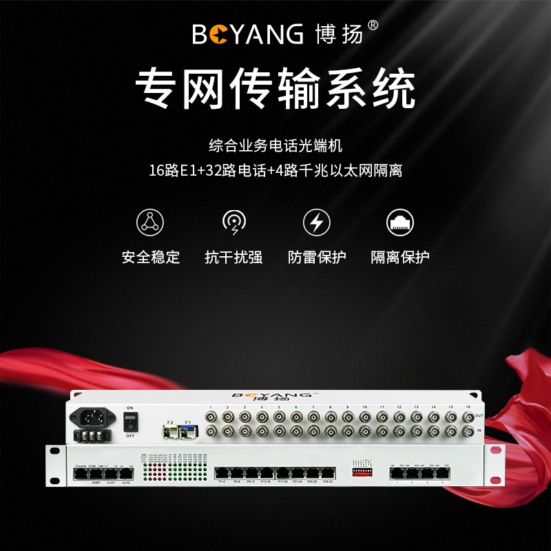 博扬 综合业务电话光端机 16路E1+32路电话+4路千兆以太网隔离 单纤1对价 BY-16E1-32P4GV-60km