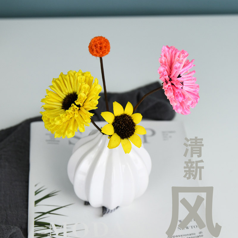 创意陶瓷小花瓶ins风北欧清新干花装饰品摆件客厅茶几餐桌花摆设 三维工匠 01干花配花+蒜头瓶粉色