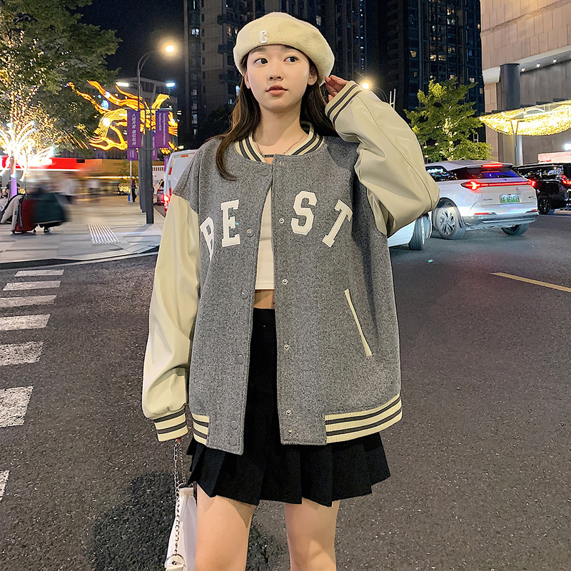 [2.5折价182元]唐狮秋冬季新款pu皮棒球服女美式设计感超好看飞行员夹克上衣
