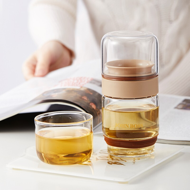 john boss加厚全玻璃茶杯3件套 茶水分离泡红花茶具套装家用耐热耐