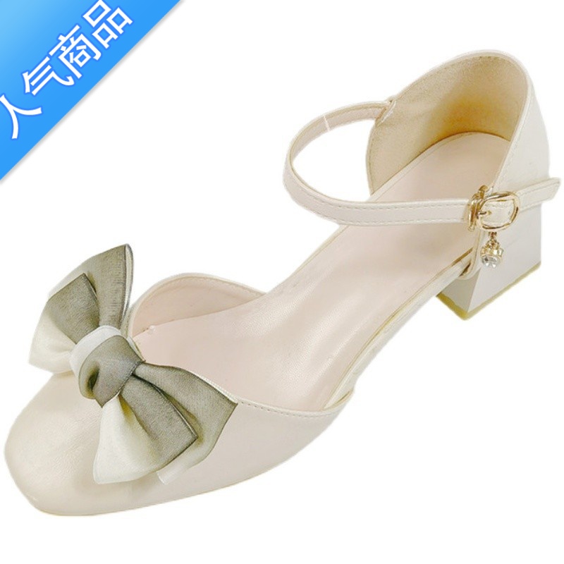 SUNTEK2022夏季新款百搭仙女风蝴蝶结粗跟中跟方头一字扣包头凉鞋女高清大图