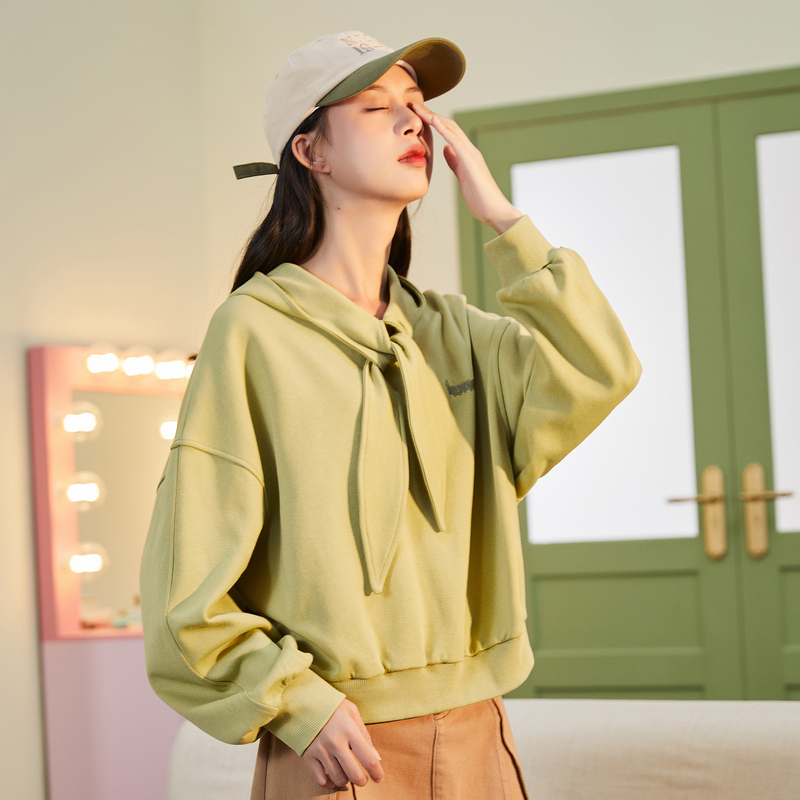 唐狮秋季新款连帽女卫衣宽松设计感领结oversize可爱上衣外套