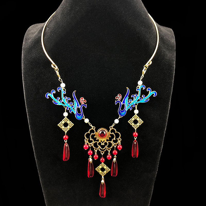 珍珠璎珞明制袄裙烧蓝项圈古装汉服景泰蓝配饰品凤凰古风项链 孔雀翎