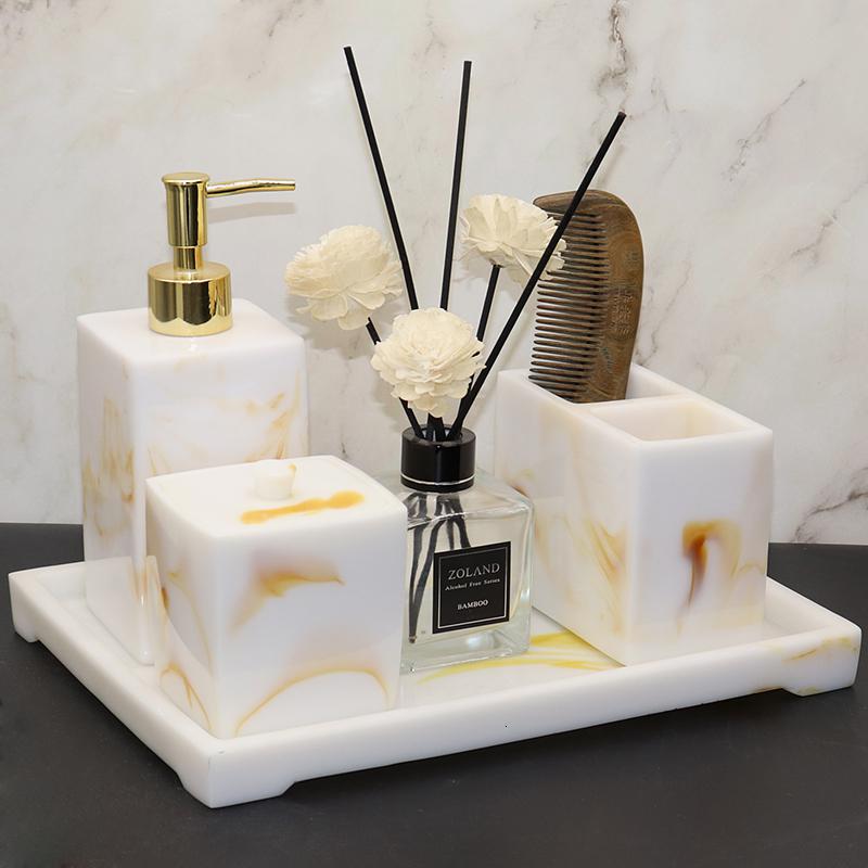 北欧酒店洗手液瓶闪电客大理石纹卫浴五件套卫生间洗漱套装托盘树脂