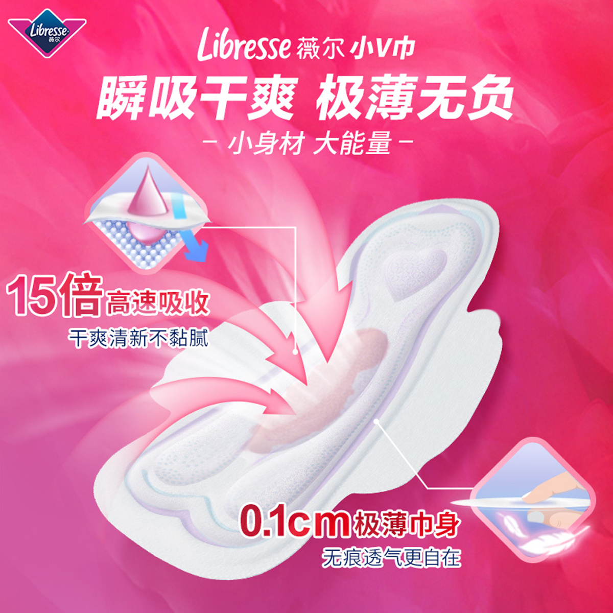 [买1送1]Libresse薇尔舒适V感棉柔卫生巾日夜护垫组合8包100片医护级V型贴合精准防漏极薄亲肤卫生巾姨妈巾高清大图