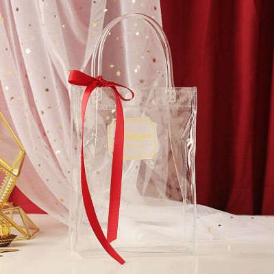 结婚手提喜糖袋婚礼ins风透明PVC手拎袋伴手礼糖盒礼盒糖果礼物袋 小号10个装 透明袋+酒红丝带(含贴纸)