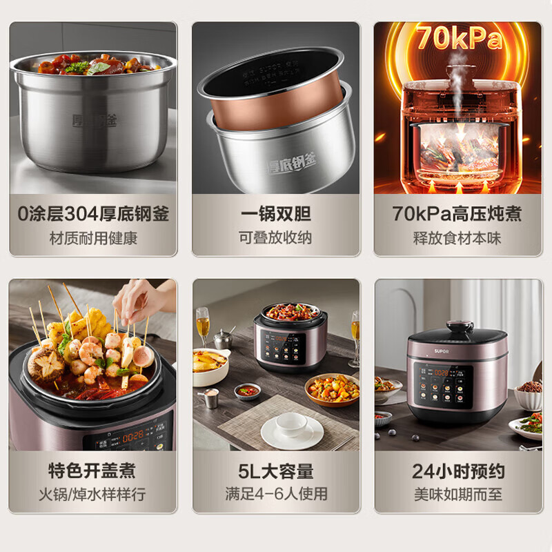 苏泊尔(SUPOR)SY-50FC21 电压力锅 0涂层不锈钢内胆家用 5L大容量2-6人 70KPa高压全自动智能预约高清大图