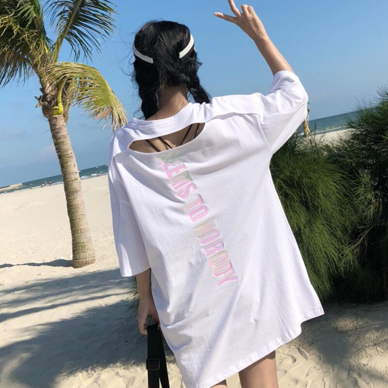 破洞露背中长款原宿风嘻哈短袖T恤上衣学生hiphop女衣服潮