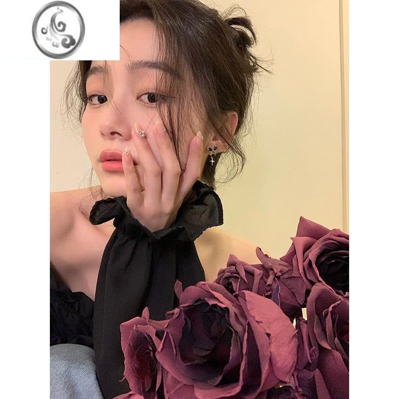 JiMi甜酷复古黑蝴蝶流苏耳环轻奢小众设计感高级耳钉女无耳洞耳夹耳饰图片