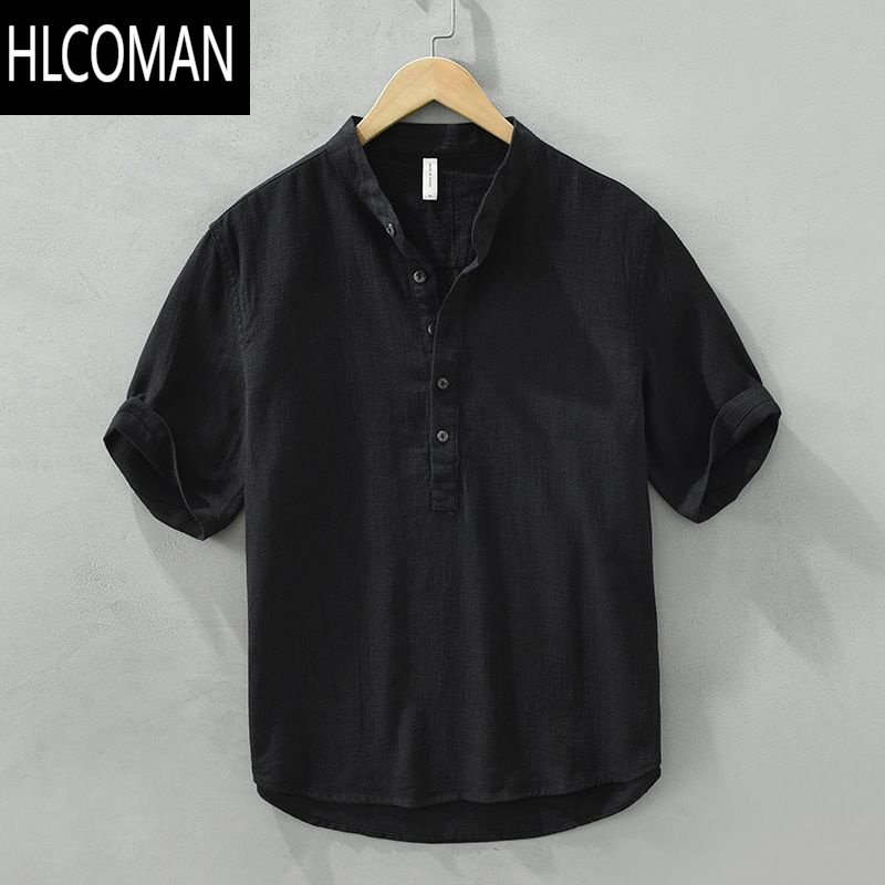 HLCOMAN纯亚麻短袖t恤男夏季中国风宽松薄款V领上衣复古休闲半袖麻料体恤