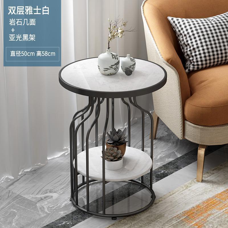 森美人北欧轻奢大理石边几角几客厅沙发小茶几边桌边角柜创意阳台小圆桌 雅士白（双层玄黑架）