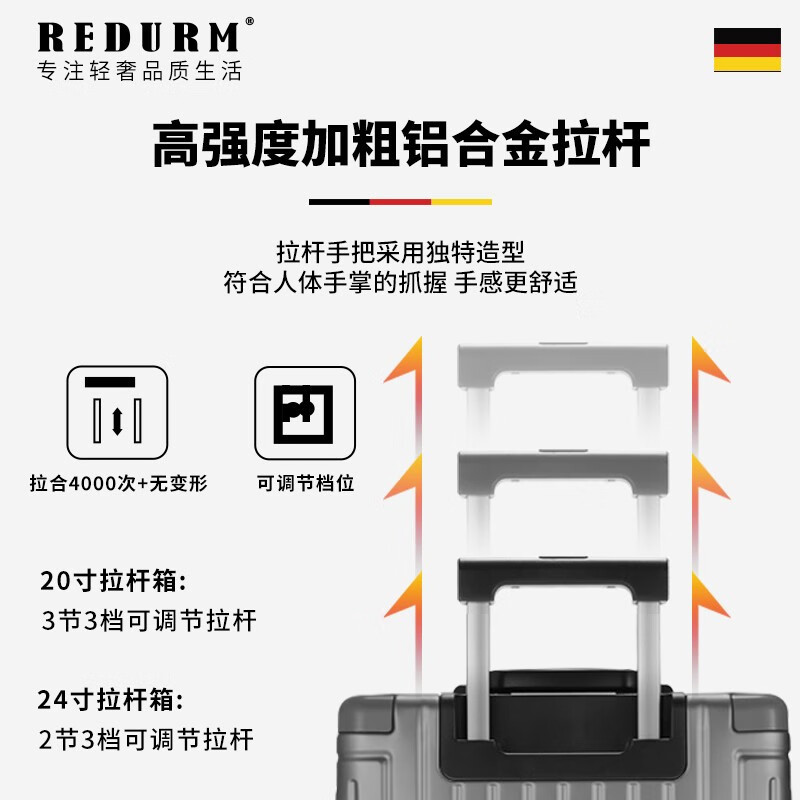 瑞德姆(REDURM)行李箱拉杆箱铝镁合金大容量箱铝框旅行箱密码箱万向轮 碧玺红 -豪华款航空级铝合金硬箱 20英寸高清大图