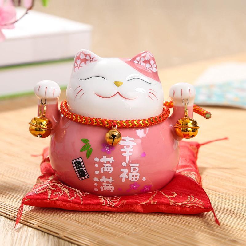 猫摆件 小号可爱陶瓷存钱罐创意汽车办公桌家居饰品开业 三维工匠 桔色4.5寸-财运亨通