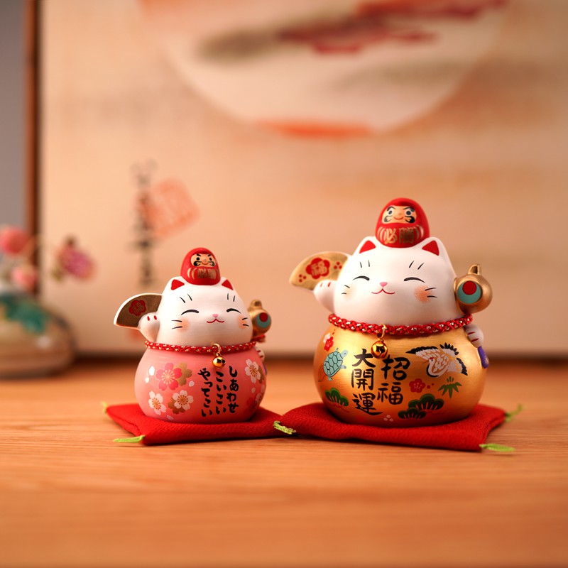 日本达摩猫陶瓷摆件店铺开业升职送人结婚生日 三维工匠 小号&9CM(福樱金福锤金福扇)猫高清大图